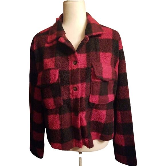 Love,Fire Jacket Plaid Zipper Cropped Red Black Fleece Size 1X - Picture 9 of 9